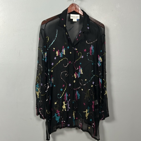 David Dart Women’s Black Sheer Button Up Shirt Sequin Detail - XL - Picture 2 of 15
